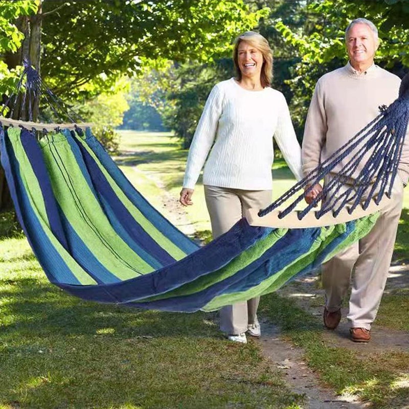 SKOFRI Double Person Canvas Cotton with Carrying Bag for Patio Porch Hammock Maximum Load is 450 pounds Garden Backyard Lounging Outdoor Indoor Rainbow Stripe Wooden Swing - Image 2