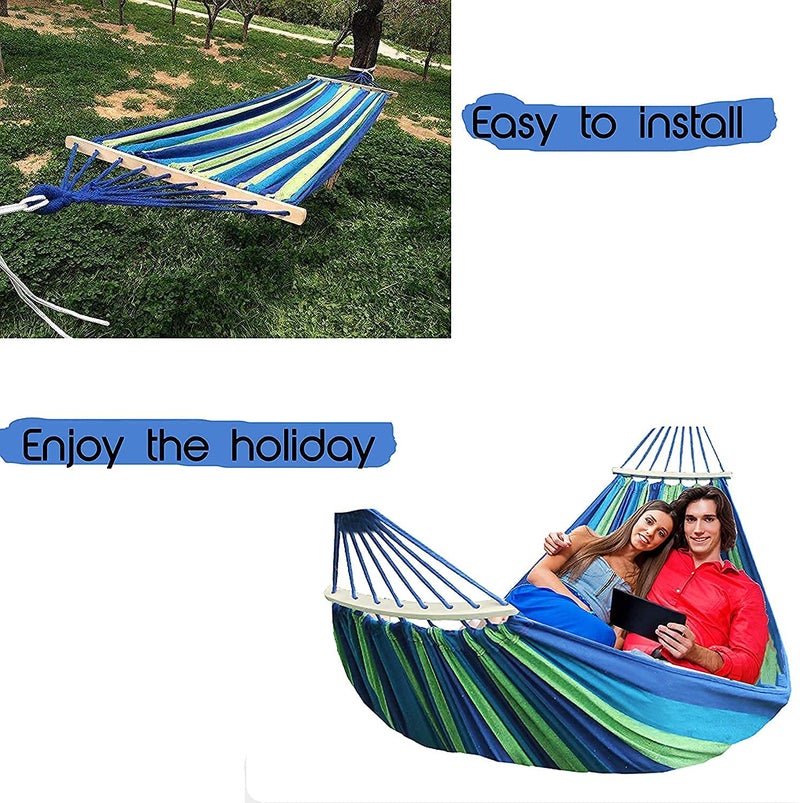 SKOFRI Double Person Canvas Cotton with Carrying Bag for Patio Porch Hammock Maximum Load is 450 pounds Garden Backyard Lounging Outdoor Indoor Rainbow Stripe Wooden Swing - Image 5