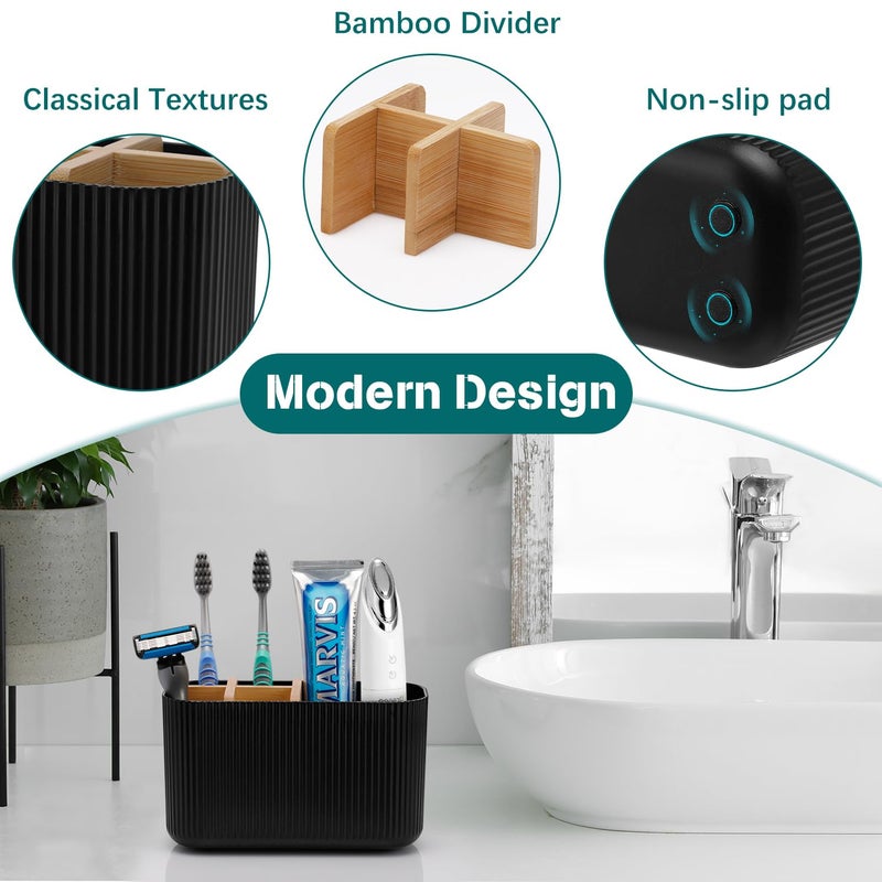 GFWARE Black Toothbrush Holder - Bamboo Toothbrush Holders for Bathrooms Electric Toothbrush Holder Organizer Kids Toothbrush Holders for Bathrooms Countertop - Image 3