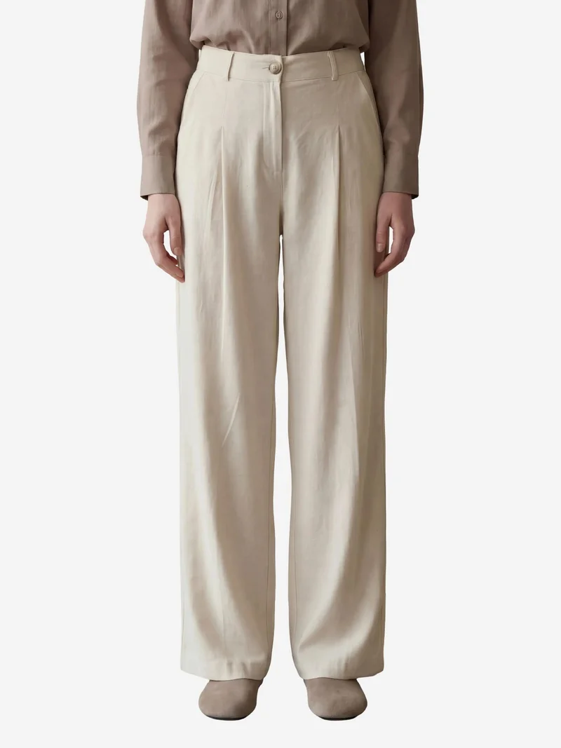 MY FASHION Cream Natural MY FASHION Comfort Pleated Straight Leg Trousers for Women | Best Price UAE