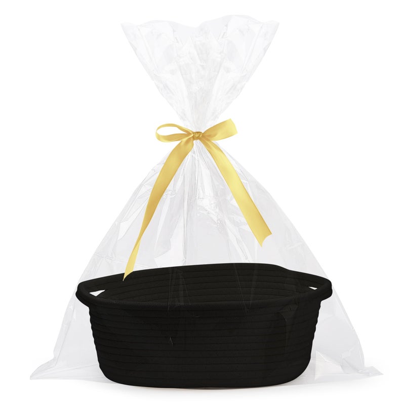 Pro Goleem Small Woven Basket with Gift Bags and Ribbons Durable Baskets for Gifts Empty Small Rope Basket for Storage 12"X 8" X 5" Baby Toy Basket with Handles, Black - Image 1