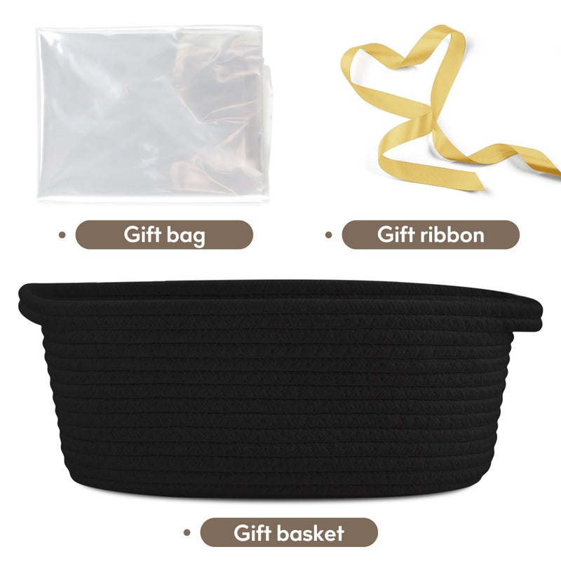Pro Goleem Small Woven Basket with Gift Bags and Ribbons Durable Baskets for Gifts Empty Small Rope Basket for Storage 12"X 8" X 5" Baby Toy Basket with Handles, Black - Image 3