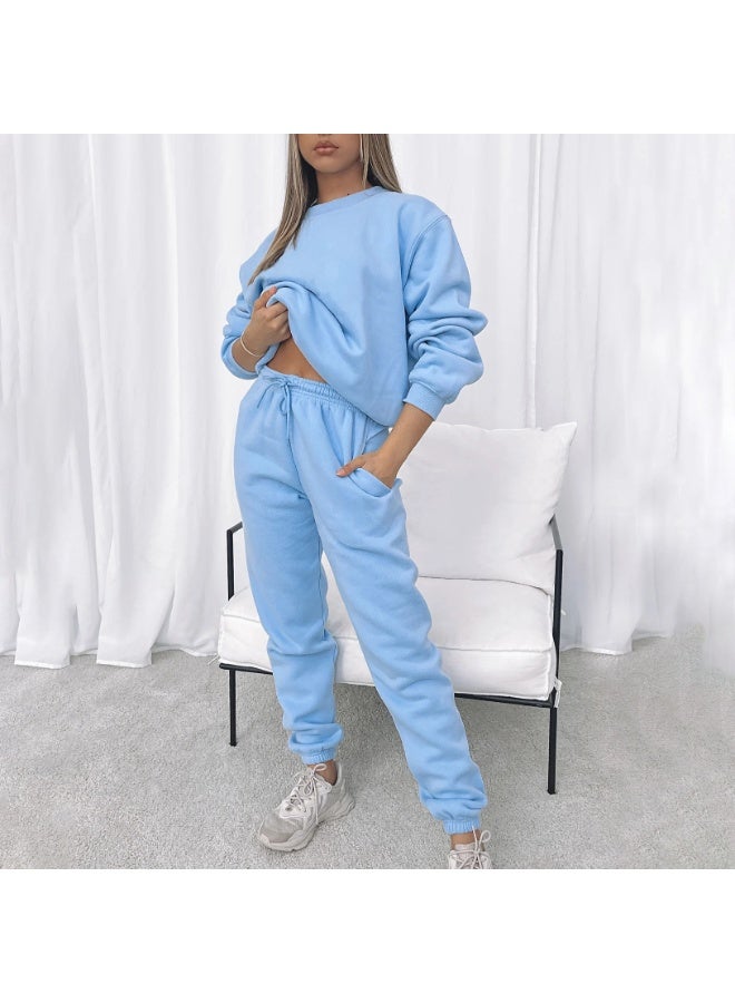 NIBEMINENT Spring And Autumn Solid-color Round-neck Pullover Long Pants For Women, Fashionable And Casual Long-sleeved Set - Image 1