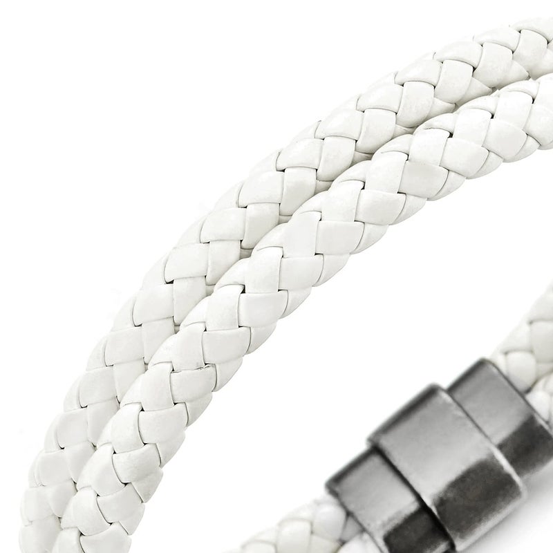 COOLSTEELANDBEYOND Two-Row White Braided Leather Bangle Bracelet for Men Women Leather Wristband with Magnetic Clasp - Image 3