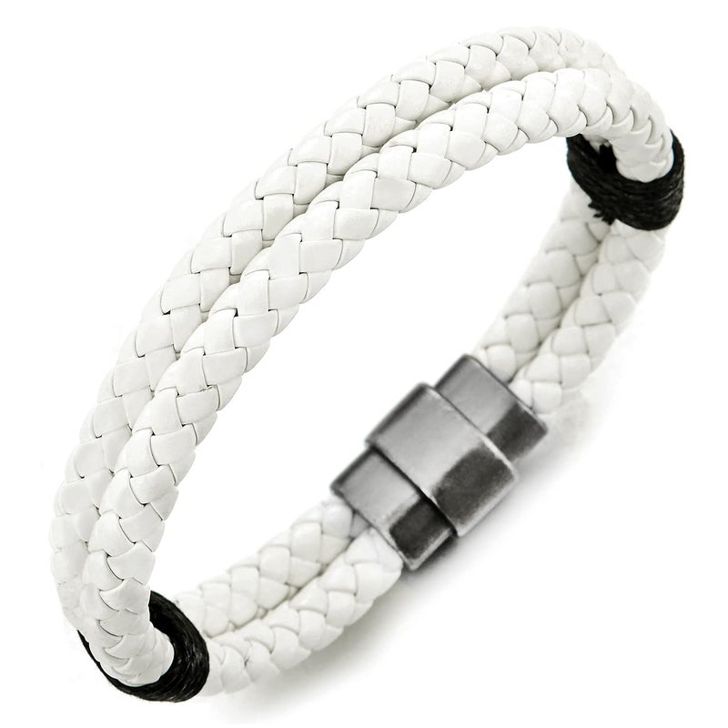 COOLSTEELANDBEYOND Two-Row White Braided Leather Bangle Bracelet for Men Women Leather Wristband with Magnetic Clasp - Image 1