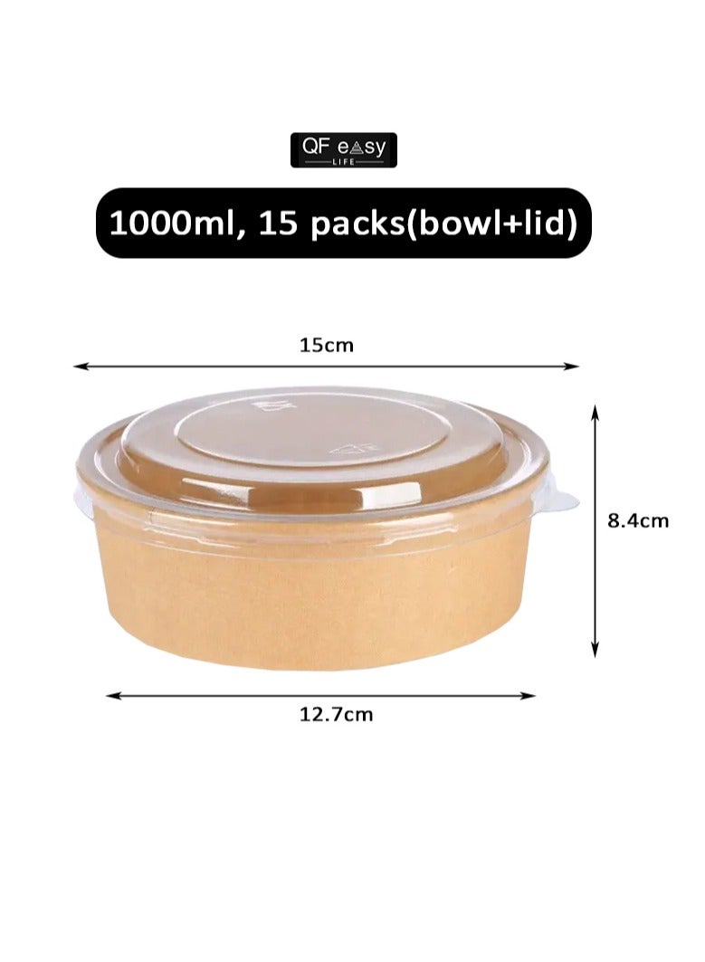 ١٥ عبوة من الأوعية الورقية الدائرية القابلة للتخلص للسلطة والوجبات الجاهزة، صناديق غداء من ورق الكرافت لحفظ الطعام مع أغطية.(1000ml) - Image 2