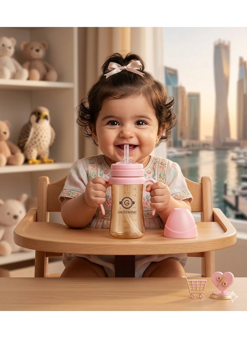 Grosmimi Spill Proof no Spill Magic Sippy Cup with Straw with Handle for Baby and Toddlers, Customizable, PPSU, BPA Free 10 oz (Pink) - Image 1