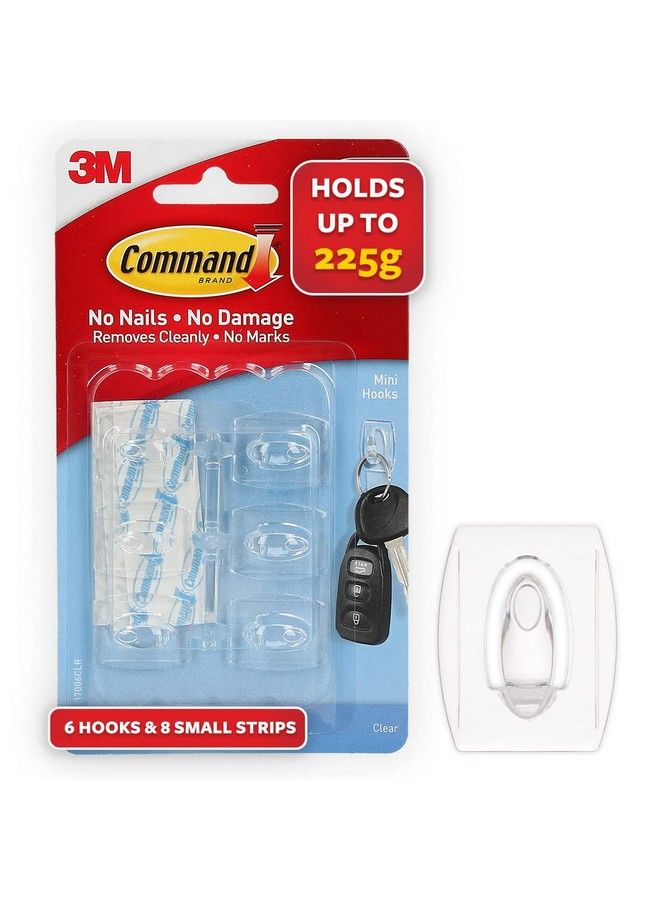 Command And Clear Mini Wall Hooks Up To 225Gms Holds Strongly Adhesive Hooks For Wall Reusable Multi Surface Damage Free Hooks For Hanging (Transparent 6Hooks 8 Strips) - Image 2