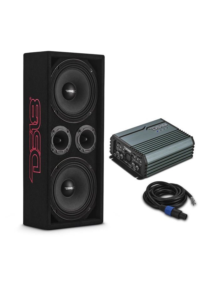 DS18 VOC8LD-PK Ported Loaded Voceteo Enclosure Package with Dual 8" Mids, Dual 3.78" Tweeters, 4-Channel Full Range Amplifier & 12ft OFC Speakon Cable – Chuchero Speaker Box Bundle - Image 1