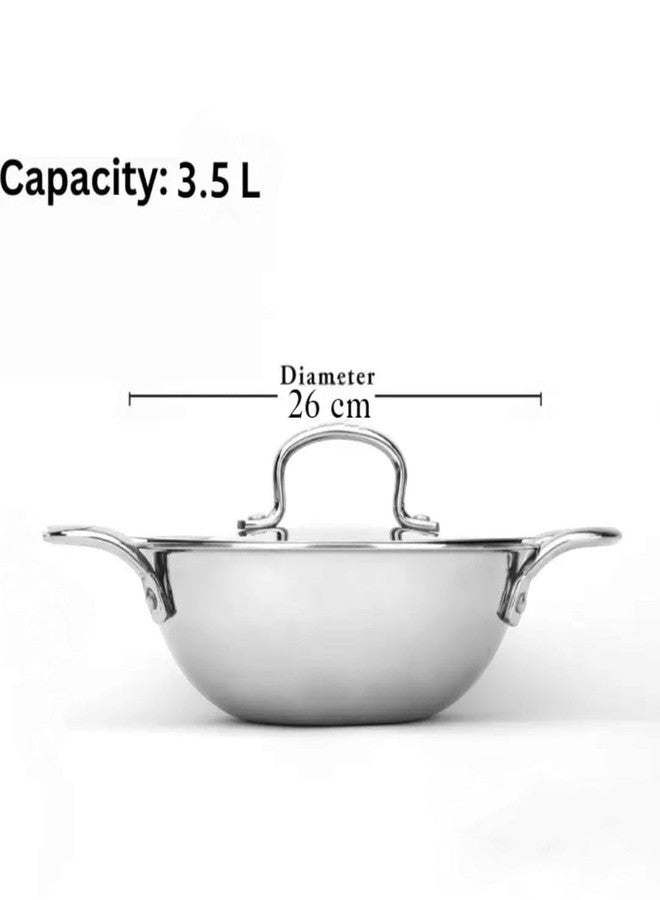 WEKTU Triply Kadhai, Stainless Steel, 3.5 L, Silver, Medium, Uncoated, 26 cm Diameter, with Lid - Image 2