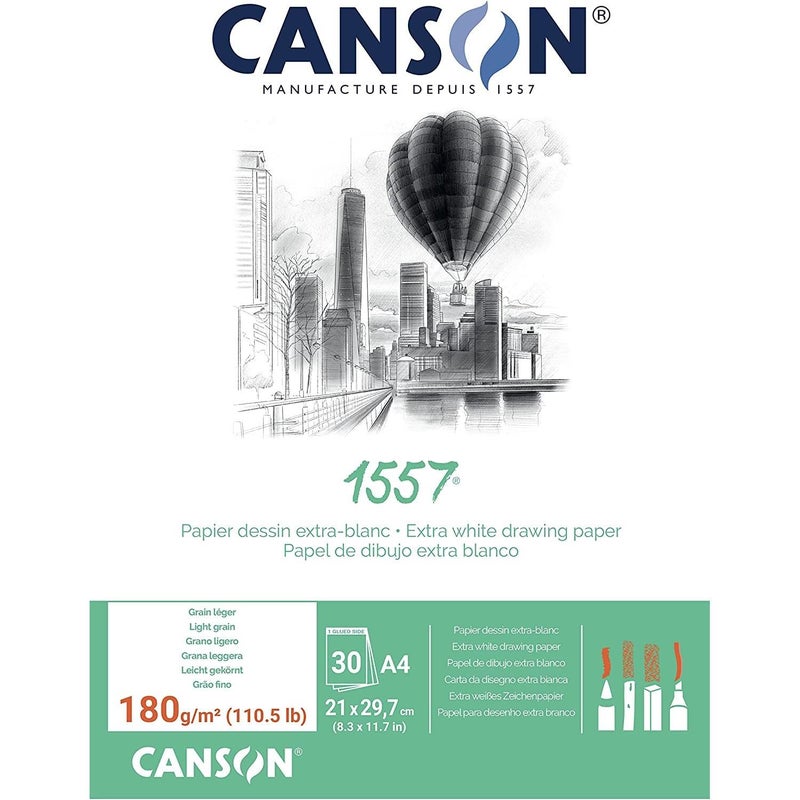 CANSON 1557 180gsm A4 White Drawing Paper Pad Light Grain Glued Short Side 30 Extra White Sheets Ideal for Professional Artists Students