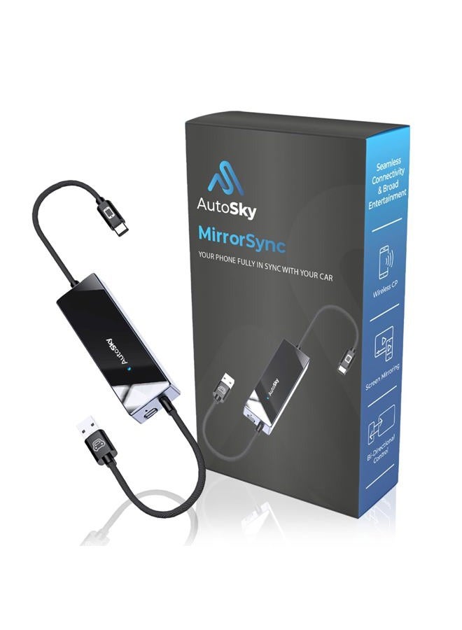 AutoSky Mirror Sync AMS-1 | Wireless CarPlay Adapter & Smartphone Screen Mirroring Device | USB-A & USB-C | Converts Wired CarPlay to Wireless | Plug & Play Connection - Image 1