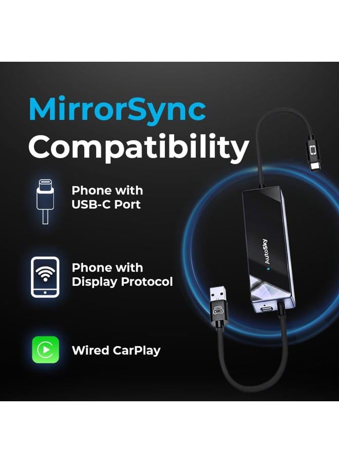 AutoSky Mirror Sync AMS-1 | Wireless CarPlay Adapter & Smartphone Screen Mirroring Device | USB-A & USB-C | Converts Wired CarPlay to Wireless | Plug & Play Connection - Image 4