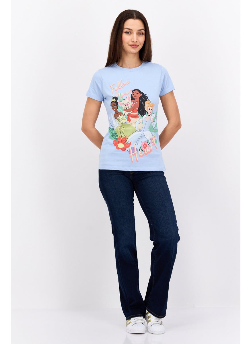 Disney Princess Women Round Neck Short Sleeves Graphic Print T-Shirt, Sky Blue  - Image 4
