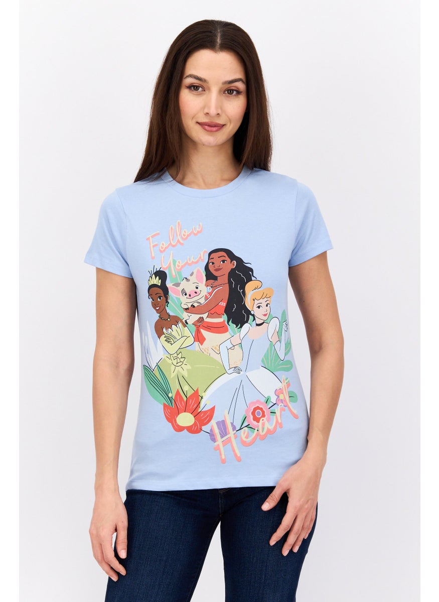 Disney Princess Women Round Neck Short Sleeves Graphic Print T-Shirt, Sky Blue  - Image 1