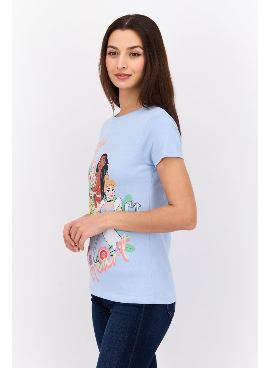 Disney Princess Women Round Neck Short Sleeves Graphic Print T-Shirt, Sky Blue  - Image 2