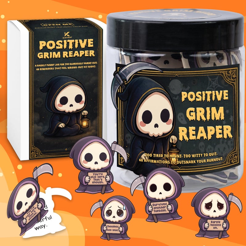 KATINAT Emotional Support Grim Reaper â€“ Positive Grim Reaper Jar, Dark Humor Spooky Gifts, Halloween Basket Stuffers for Adults Women Men & Funny Halloween Gifts for Adults, Coworkers, Boo Basket Stuffers - Image 1