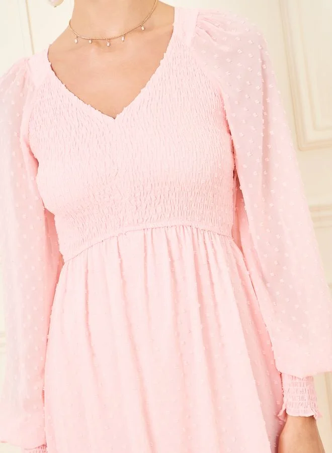 Styli Ruched Pink Midi Dress