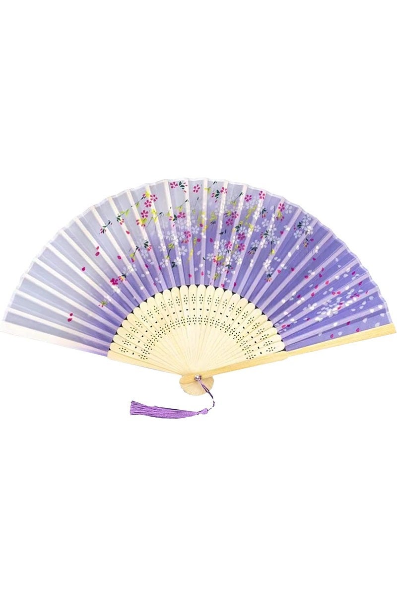 Geustos Handheld Folding Fan for Women Folding Hand Fans Bamboo Fans with Tassel Silk Fabric Fans Wall Decoration Wedding Party (Purple Flower) - Image 1