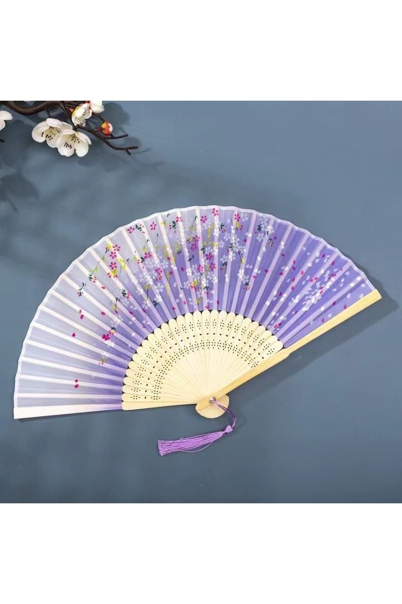 Geustos Handheld Folding Fan for Women Folding Hand Fans Bamboo Fans with Tassel Silk Fabric Fans Wall Decoration Wedding Party (Purple Flower) - Image 3