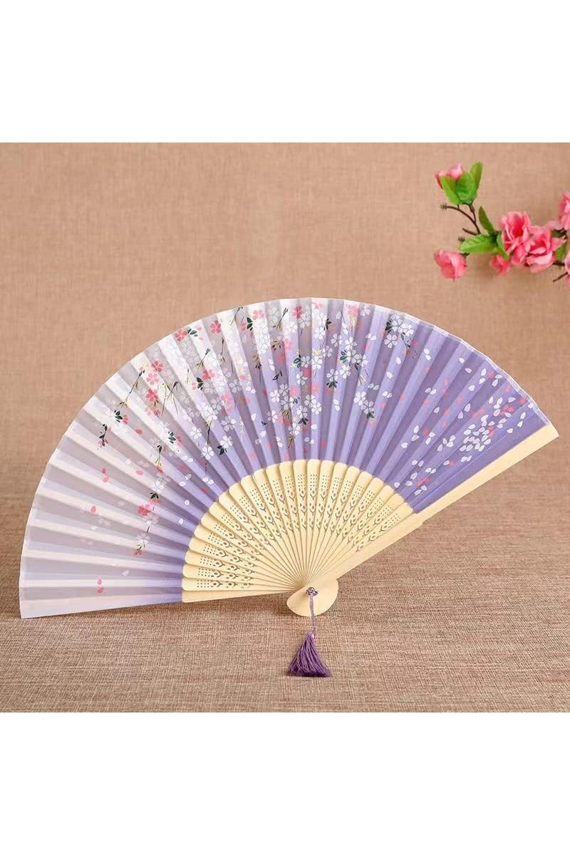 Geustos Handheld Folding Fan for Women Folding Hand Fans Bamboo Fans with Tassel Silk Fabric Fans Wall Decoration Wedding Party (Purple Flower) - Image 2
