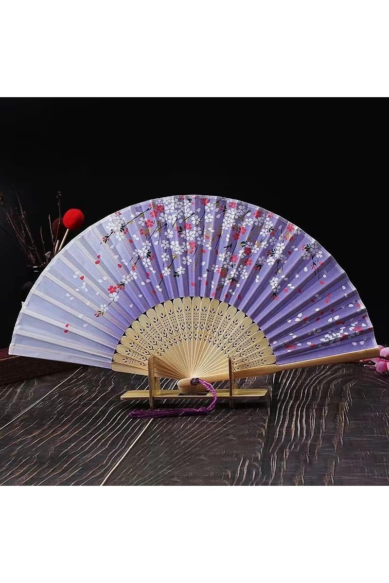 Geustos Handheld Folding Fan for Women Folding Hand Fans Bamboo Fans with Tassel Silk Fabric Fans Wall Decoration Wedding Party (Purple Flower) - Image 4