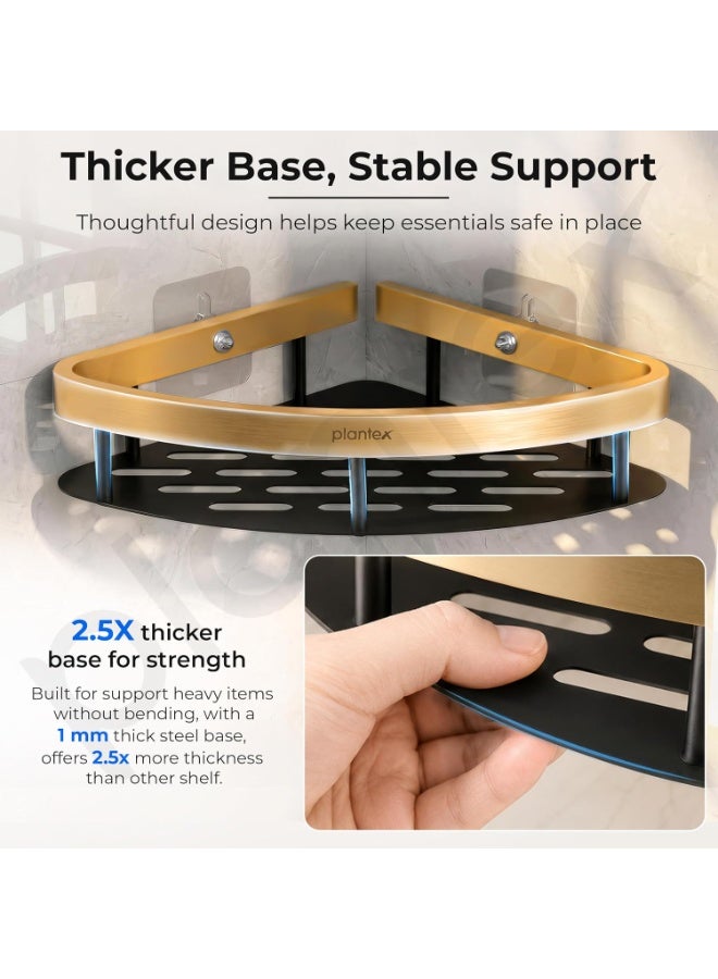 Plantex Self Adhesive Corner Shelf for Bathroom Wall/Aluminium & Stainless Steel Corner Rack/Storage Organizer/Bathroom Accessories Set- Pack of 2 (8 x 8 inch, Gold & Black) - Image 3