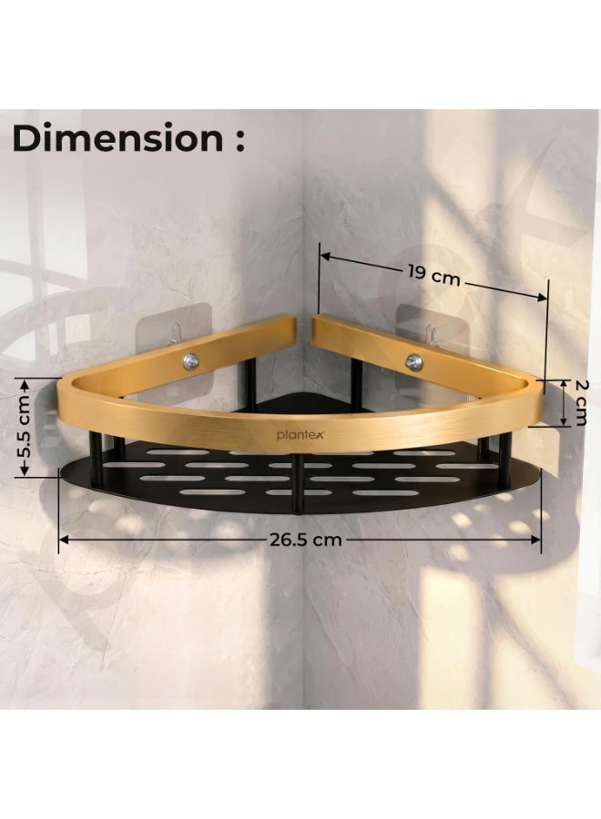 Plantex Self Adhesive Corner Shelf for Bathroom Wall/Aluminium & Stainless Steel Corner Rack/Storage Organizer/Bathroom Accessories Set- Pack of 2 (8 x 8 inch, Gold & Black) - Image 4