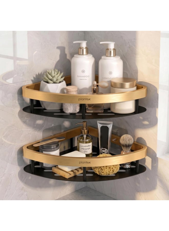 Plantex Self Adhesive Corner Shelf for Bathroom Wall/Aluminium & Stainless Steel Corner Rack/Storage Organizer/Bathroom Accessories Set- Pack of 2 (8 x 8 inch, Gold & Black) - Image 1