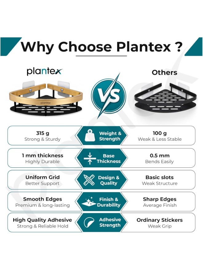 Plantex Self Adhesive Corner Shelf for Bathroom Wall/Aluminium & Stainless Steel Corner Rack/Storage Organizer/Bathroom Accessories Set- Pack of 2 (8 x 8 inch, Gold & Black) - Image 2