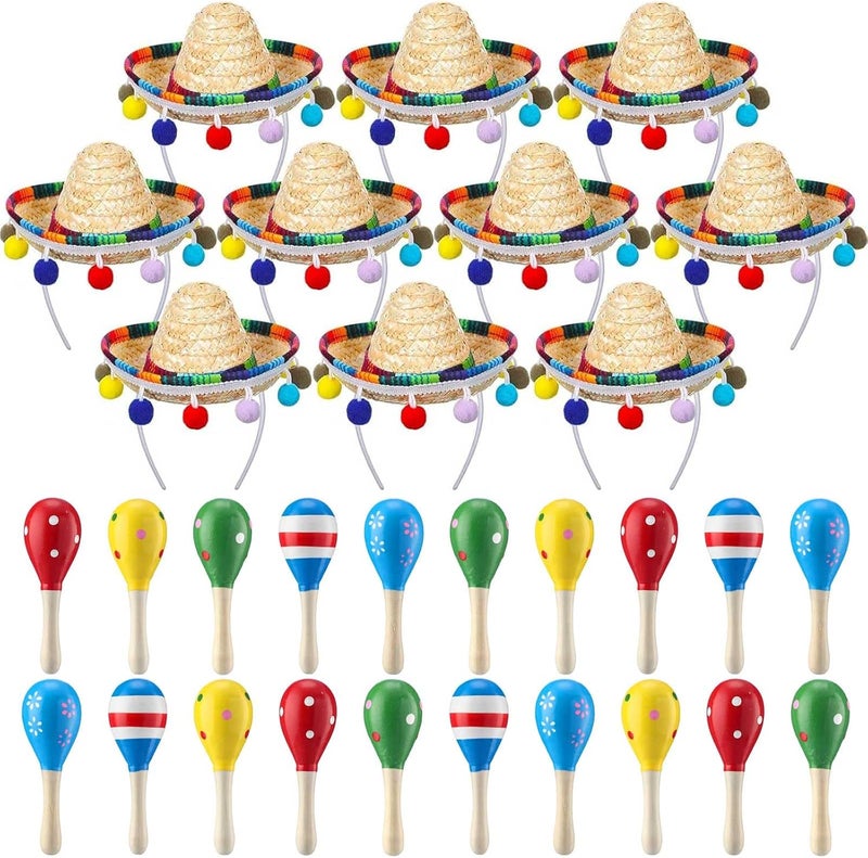 Jexine 30 Pcs Mini Sombrero Fiesta Hats Wooden Fiesta Maracas Set with 10 Mexican Sombrero Headbands 20 Pcs 43 Inch Wooden Fiesta Maracas Mini Sombrero Hats Straw Mexican Sombrero for Kids Dolls - Image 1