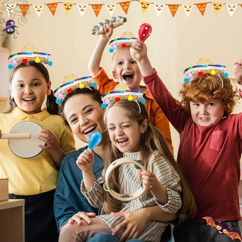 Jexine 30 Pcs Mini Sombrero Fiesta Hats Wooden Fiesta Maracas Set with 10 Mexican Sombrero Headbands 20 Pcs 43 Inch Wooden Fiesta Maracas Mini Sombrero Hats Straw Mexican Sombrero for Kids Dolls - Image 4