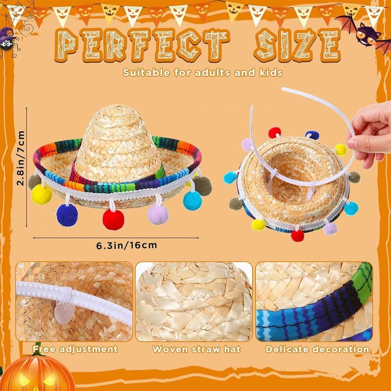 Jexine 30 Pcs Mini Sombrero Fiesta Hats Wooden Fiesta Maracas Set with 10 Mexican Sombrero Headbands 20 Pcs 43 Inch Wooden Fiesta Maracas Mini Sombrero Hats Straw Mexican Sombrero for Kids Dolls - Image 3