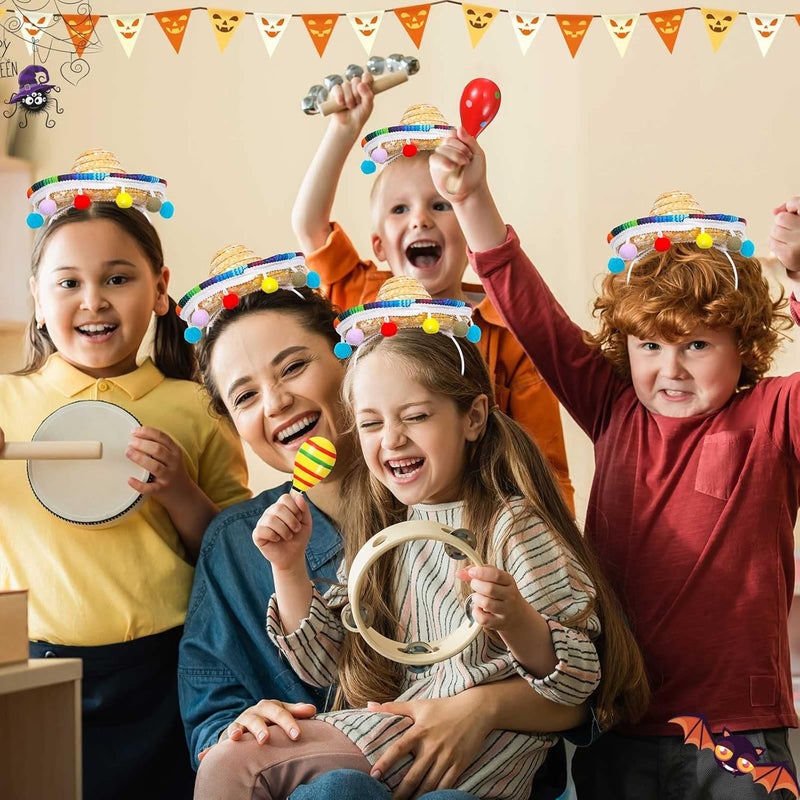 Jexine 30 Pcs Mini Sombrero Fiesta Hats Wooden Fiesta Maracas Set with 10 Mexican Sombrero Headbands 20 Pcs 43 Inch Wooden Fiesta Maracas Mini Sombrero Hats Straw Mexican Sombrero for Kids Dolls - Image 5