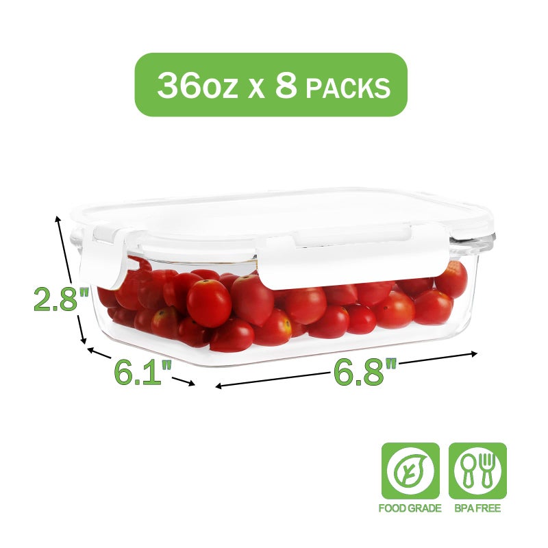 HOMBERKING 8 Pack 36oz Large Glass Meal Prep Containers with lids, Glass Food Storage Containers with Leak Proof Snap Lock Lids , Airtight Bento lunch Boxes, Kitchen Storage, Oven and Dishwasher Safe-White - Image 2