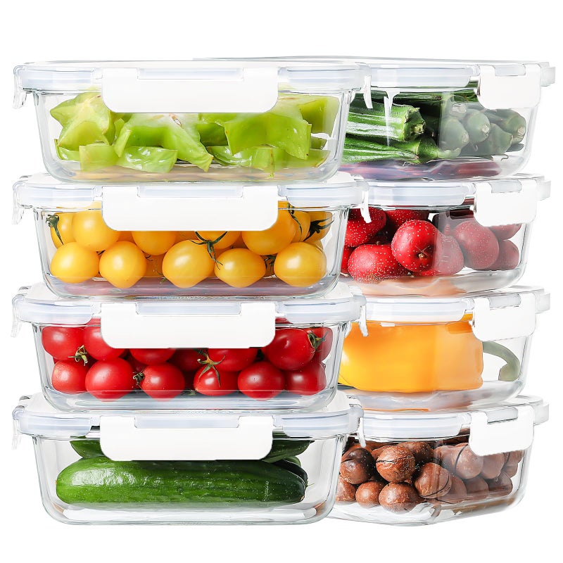 HOMBERKING 8 Pack 36oz Large Glass Meal Prep Containers with lids, Glass Food Storage Containers with Leak Proof Snap Lock Lids , Airtight Bento lunch Boxes, Kitchen Storage, Oven and Dishwasher Safe-White - Image 1