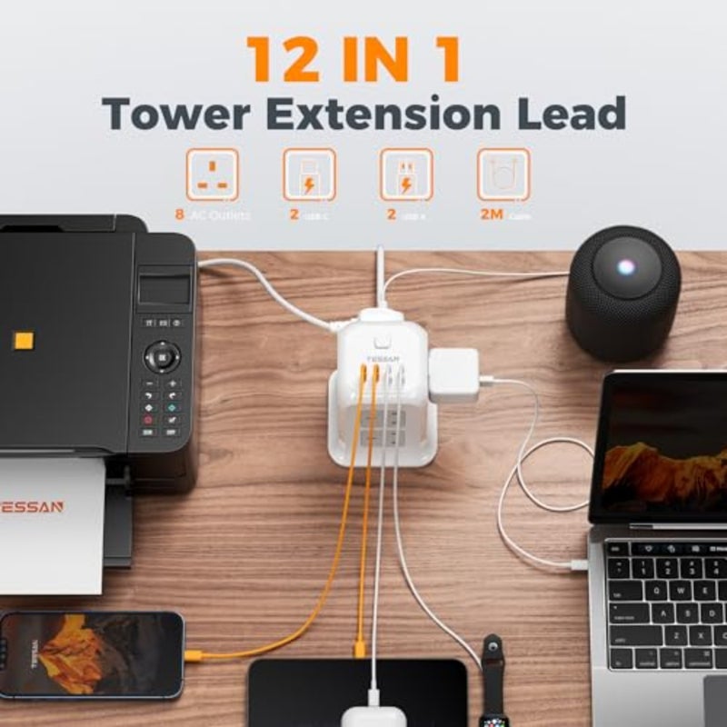برج تمديد الرصاص 4 فتحات USB 2 USB C، تمديد الرصاص 13A 3250W، 8 طريقة متعددة التوصيل قطاع الطاقة مع التبديل، محول متعدد المكونات مع كابل 2M للمنزل والمكتب والمدرسة - Image 2