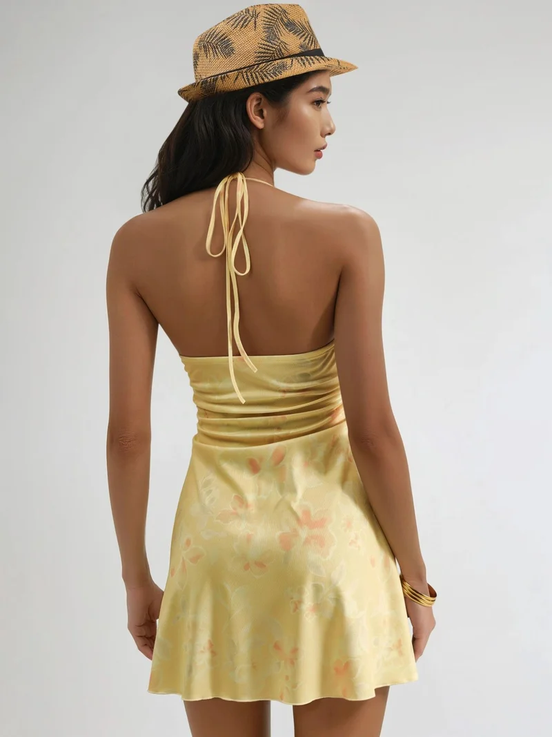 HICCUP Amber Yellow Floral Halter Neck Mini Dress for Women | Best Price UAE