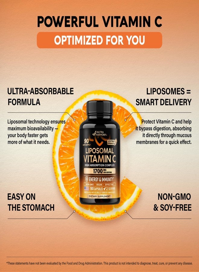 NUTRAHARMONY Liposomal Vitamin C 1700 mg - High Absorption Fat Soluble Complex - Antioxidant, Energy Boost & Immune Support - Vitamin C Supplement Made in USA - NON-GMO, SOY-Free & Gentle on Stomach - 180 Capsules - Image 3