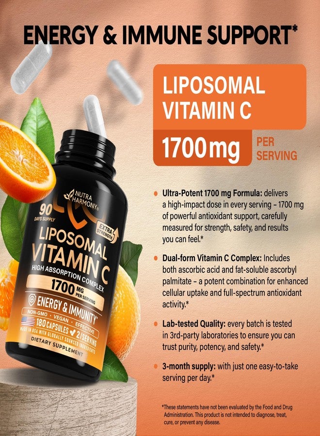 NUTRAHARMONY Liposomal Vitamin C 1700 mg - High Absorption Fat Soluble Complex - Antioxidant, Energy Boost & Immune Support - Vitamin C Supplement Made in USA - NON-GMO, SOY-Free & Gentle on Stomach - 180 Capsules - Image 4