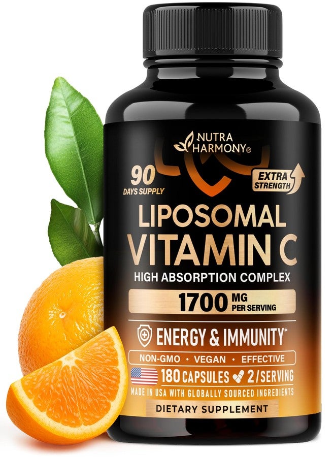 NUTRAHARMONY Liposomal Vitamin C 1700 mg - High Absorption Fat Soluble Complex - Antioxidant, Energy Boost & Immune Support - Vitamin C Supplement Made in USA - NON-GMO, SOY-Free & Gentle on Stomach - 180 Capsules - Image 1