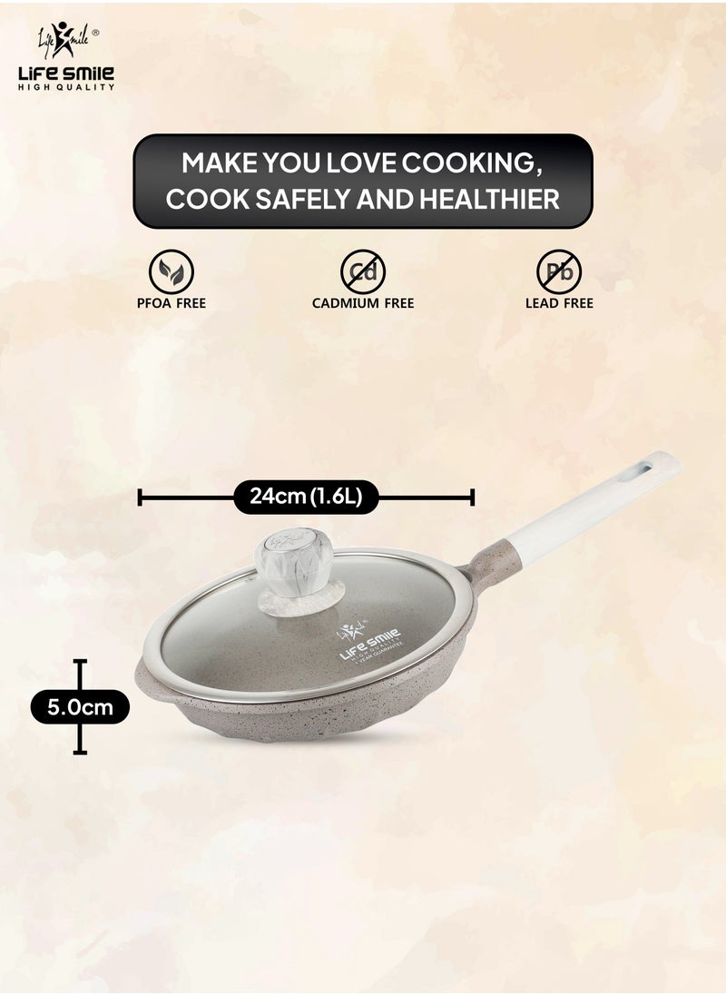 Life Smile - 24cm (1.6 Liter)  Frying Pan With Lid - 5 Layer Granite Coating Fry Pan | Multiple Hob Compatibility | Heat-Resistant Handle Hanging Loop | Induction bottom - Image 1