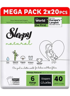 Sleepy Natural Size 6 , Newborn, 40 Count, 15-25Kg Hypoallergenic Baby Dry Diapers, Organic Cotton, Highly Absorbent, Bamboo Extract, 2X20 Ultimate Comfort And Dryness, 100% Leakage Protection  - Image 1