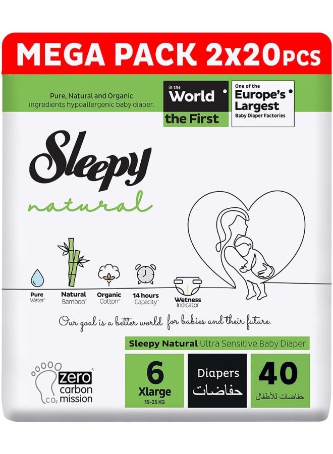 Sleepy Natural Size 6 , Newborn, 40 Count, 15-25Kg Hypoallergenic Baby Dry Diapers, Organic Cotton, Highly Absorbent, Bamboo Extract, 2X20 Ultimate Comfort And Dryness, 100% Leakage Protection - Image 1