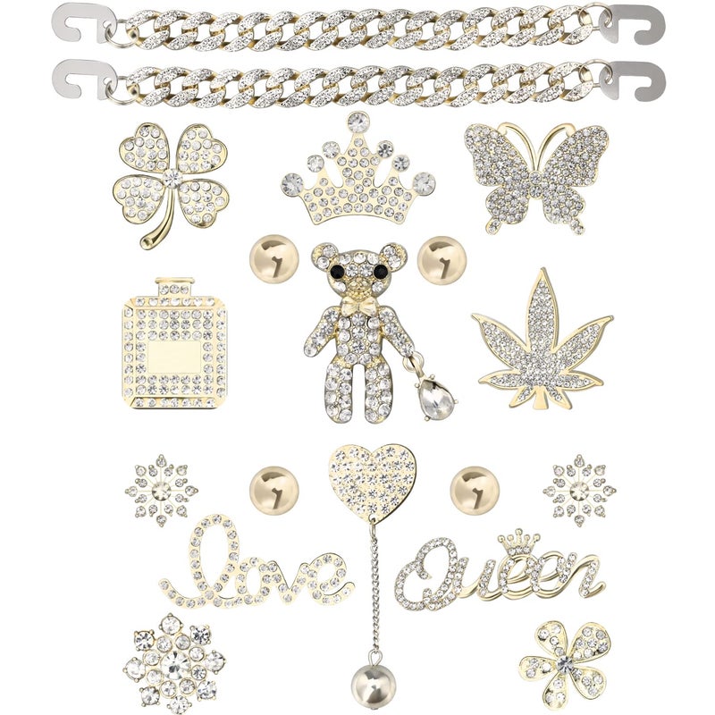 CUNUEN Bling Chain Charms for Clog Shoes Decoration Luxury Rhinestone Cute Diamond Bear Love Flower Butterfly Crown Designer Jewelry Shoe Accessories for Women Girls Adults Gifts Gold - Image 2