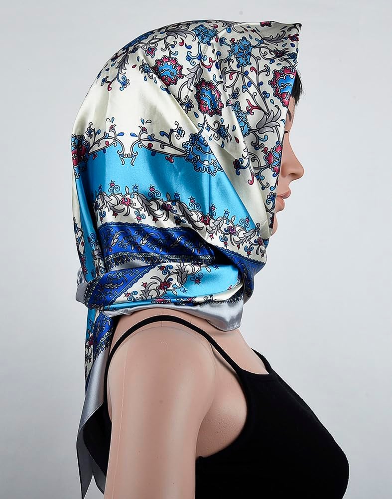 corciova Womens Silk Feeling Head Scarf Headband for Sleeping 35 x 35 Flower Cyan Snow Curly Tie Fashion Bandana Headscarf - Image 4