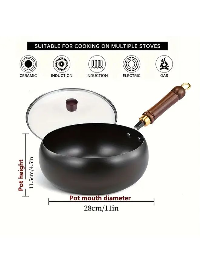 Cast Iron Skillet 24CM 9.4 Inch Without Lid Handmade Traditional Design Large Belly Non Stick Mirror Finish Splash Proof Rust Resistant Heavy Duty Structure Even Heat Distribution Wooden Handle Knob Ideal for Gas Stoves Durable Kitchen Cookware Frying Pan - Image 4