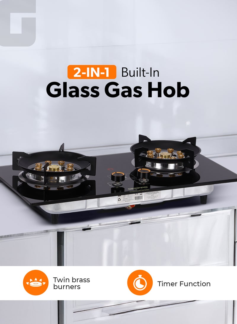 GEEPAS 2-in-1 Built-In Glass Gas Hob | Double Brass Burners, with FFD, Auto Piezo Ignition, Improved Gas Flow for Efficient Heating | LPG Type, Battery Power Display, Easy Cleaning and Maintenance | GGC31067FFD Black 2 Years Warranty 2 GGC31067FFD black - Image 1