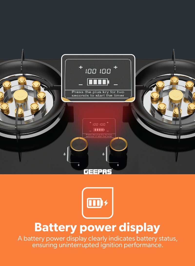 GEEPAS 2-in-1 Built-In Glass Gas Hob | Double Brass Burners, with FFD, Auto Piezo Ignition, Improved Gas Flow for Efficient Heating | LPG Type, Battery Power Display, Easy Cleaning and Maintenance | GGC31067FFD Black 2 Years Warranty 2 GGC31067FFD black - Image 3