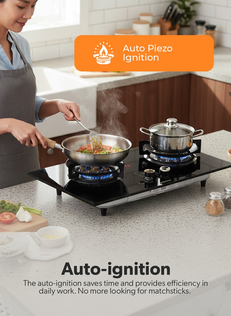 GEEPAS 2-in-1 Built-In Glass Gas Hob | Double Brass Burners, with FFD, Auto Piezo Ignition, Improved Gas Flow for Efficient Heating | LPG Type, Battery Power Display, Easy Cleaning and Maintenance | GGC31067FFD Black 2 Years Warranty 2 GGC31067FFD black - Image 4
